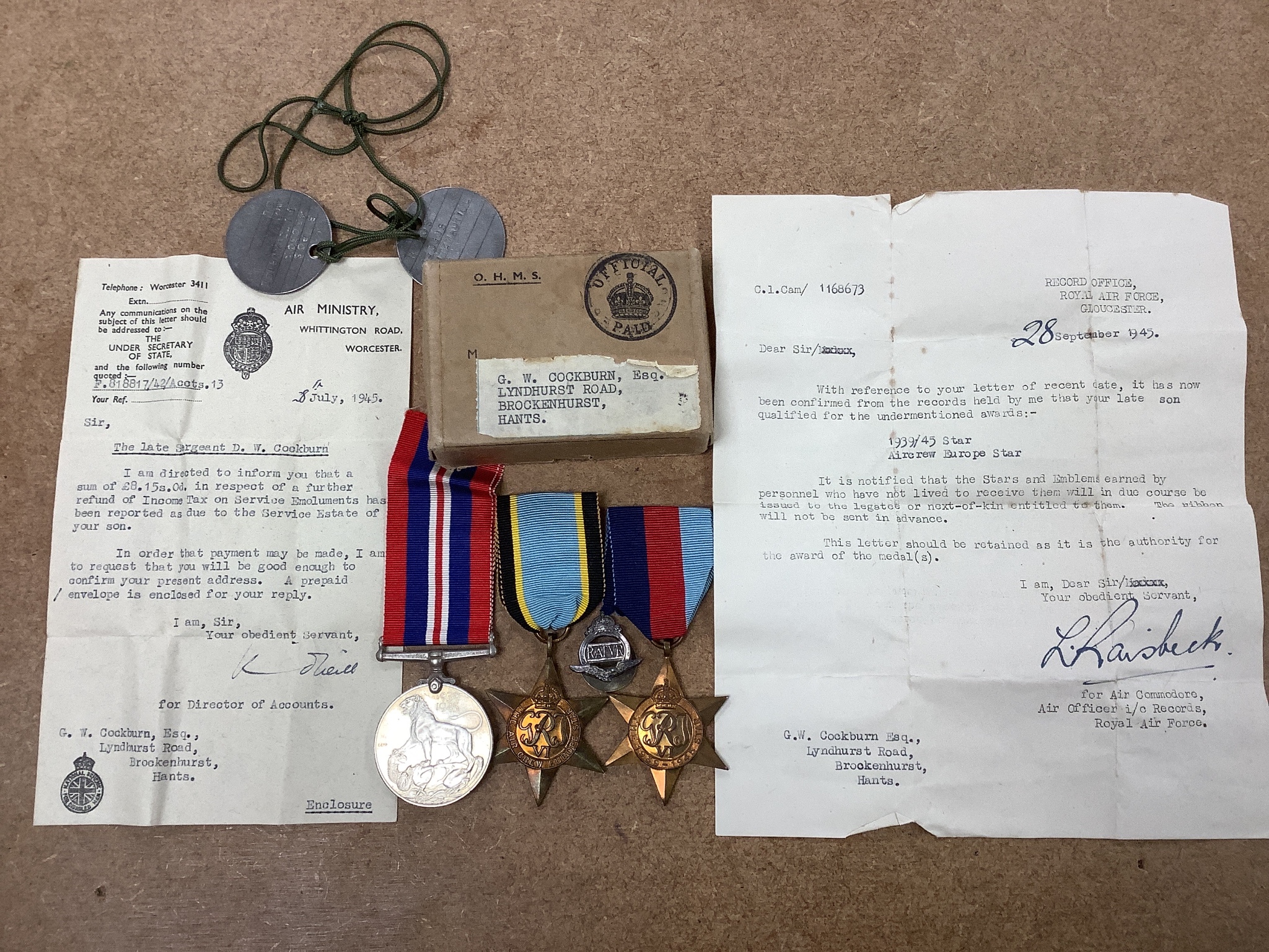 WW2 Trio Including Air Crew Europe star to the late Sergeant D.W. Cockburn, RAFVR, KIA, with corresponding paperwork